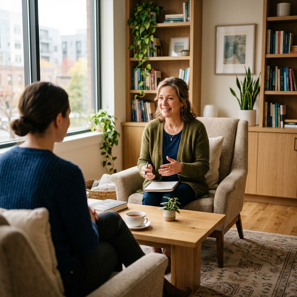 Therapist using MelloMinds to manage bookings and session notes